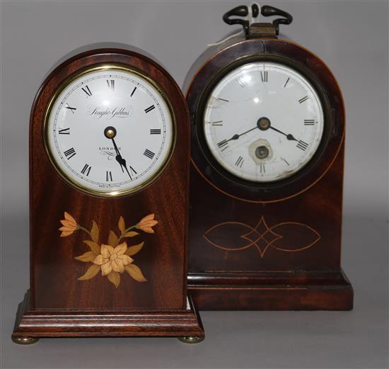 An Edwardian inlaid mahogany mantel clock (a.f.) and an inlaid mahogany electric mantel clock